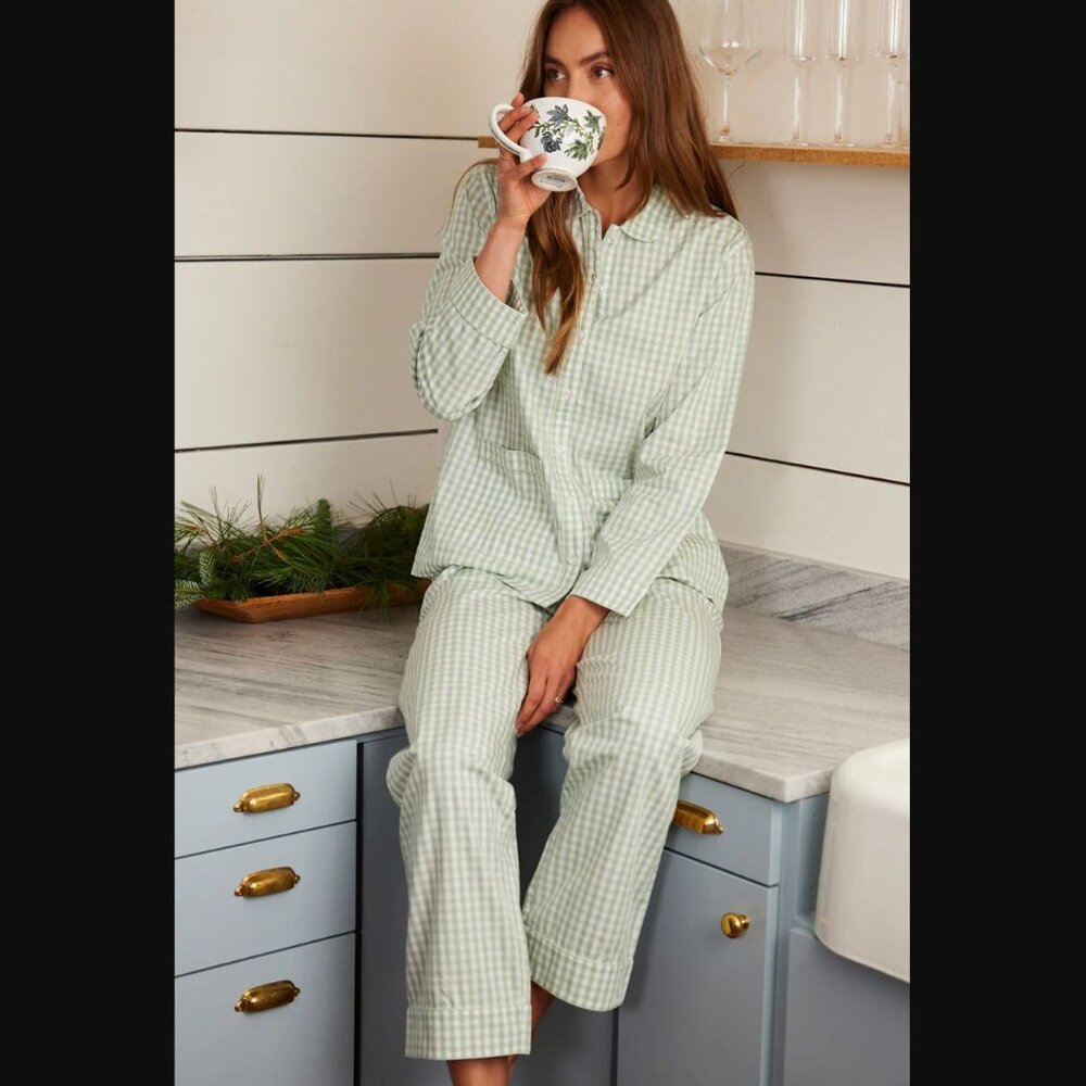 Laka Pajamas - Poplin Piped Pants Set in Aloe Gingham, Size XL